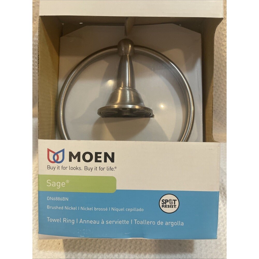 NEW~Moen Sage Brushed Nickel Finish Towel Ring DN6886BN